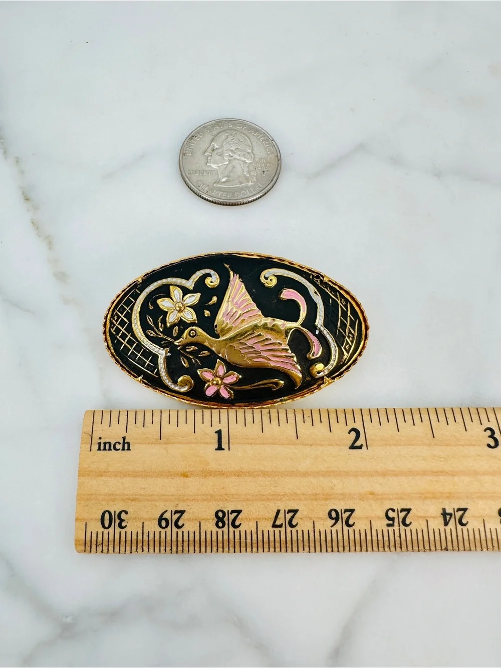 Vintage Damascene Oval Brooch Toledo Spain Bird Floral Gold Inlay Black, Pink